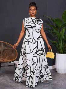 Slaydiva Plus Size Women Abstract Face Line Art Print Sleeveless Casual Dress - Multicolor - View 1