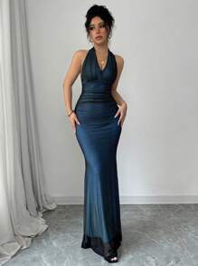 Rafferiza 优雅修身鱼尾下摆 V 领腰部褶皱针织网眼衬里连衣裙，适合女士，秋冬季，多色 - 彩色 - 查看 3
