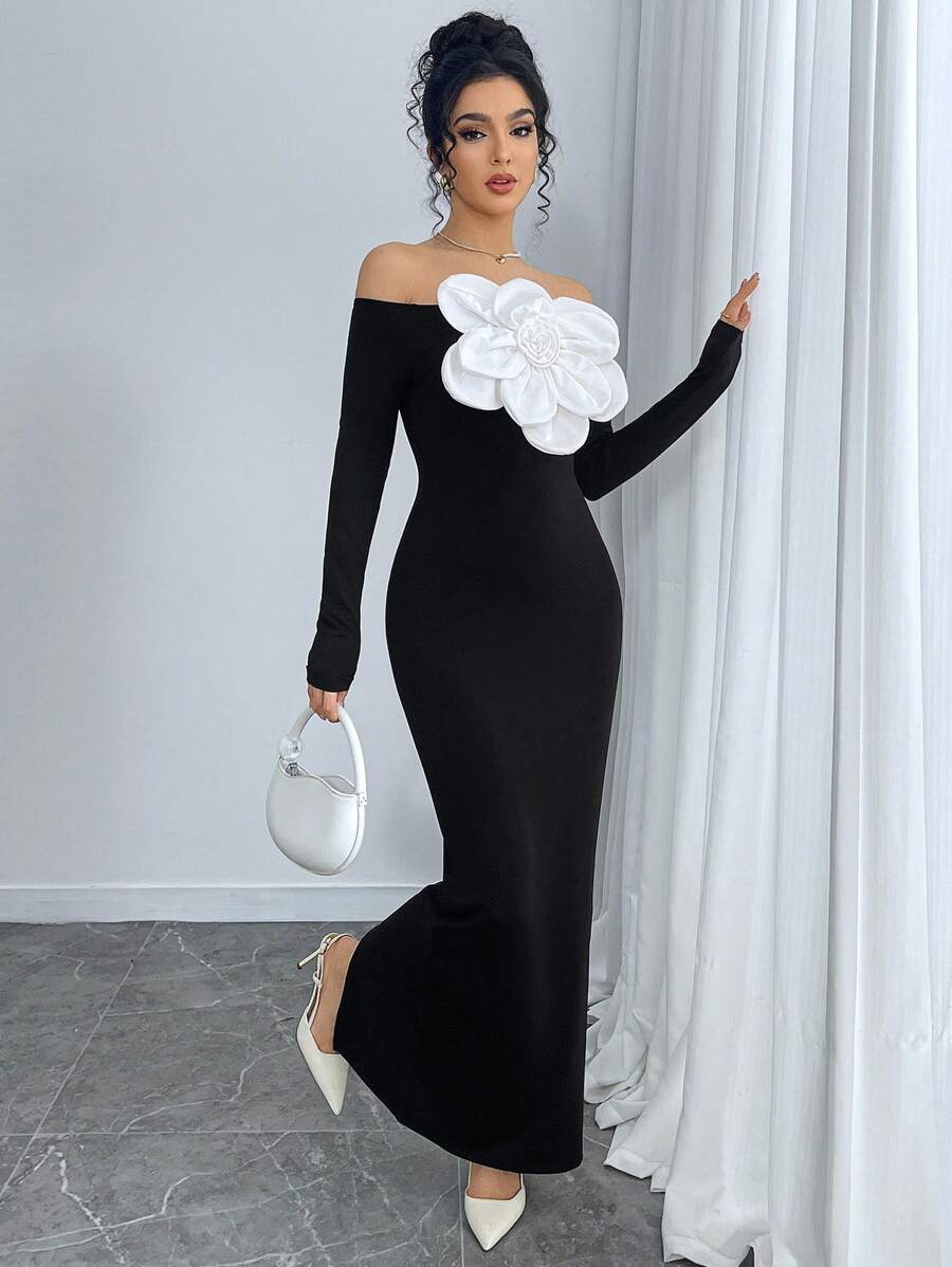 Modelyn Robe fourreau élégante avec épaules dénudées et ornements floraux pour femme