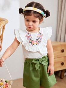 Cozy Pixies 2 pièces/Set Top à col rond en tricot doux avec volants et short à taille élastique motif floral Ditsy pour bébé fille