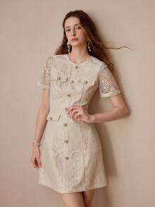 MOTF FASHIONABLE POINTELLE DECOR ROUND NECK FITTED SHORT SLEEVE MINI DRESS