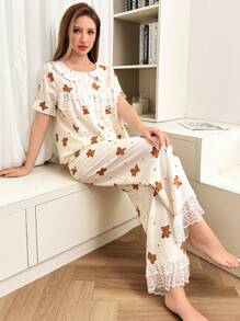 可爱熊图案蕾丝荷叶边女式睡衣套装 - 杏色 - 查看 3