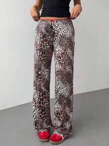 Aloruh Nuevos pantalones ceñidos de cintura alta, estilo casual, de estampado retro americano con lazo, decoración floral de encaje y estampado de leopardo, de estilo dulce y picante