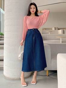 DAZY Women's Pocket Design Long Casual Versatile Denim Skirt Summer