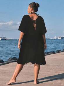 Swim Lushoire Plus Size Solid Color Ruffle Hem Beach Cover Up Black Dress For Summer Beach Vacation - Black - View 2