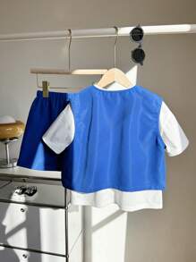 SHEIN Leap Crew 买二送一青少年男童休闲运动学院街头风日韩宽松英文字母背心基础款T恤半身束腰西装短裤高品质三件套 - 藍色 - 查看 6