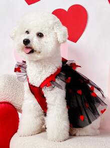 PETSIN 1pc Universal Pet Valentine's Day Black Cap Sleeve Harness Dress With Red Heart Flocked Mesh Charming And Cute Dog Dress - Multicolor - View 3