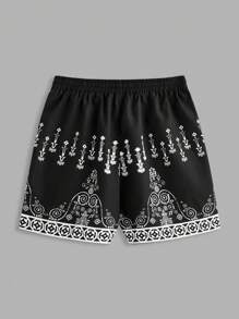 Manfinity RSRT Eid Mubarak  Ramadan Men's Floral Print Drawstring Waist Shorts - Black - View 2