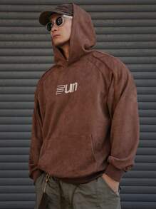 DAZY Men's Color Block Letter Print Hooded Sweatshirt - Coffee Brown - View 6