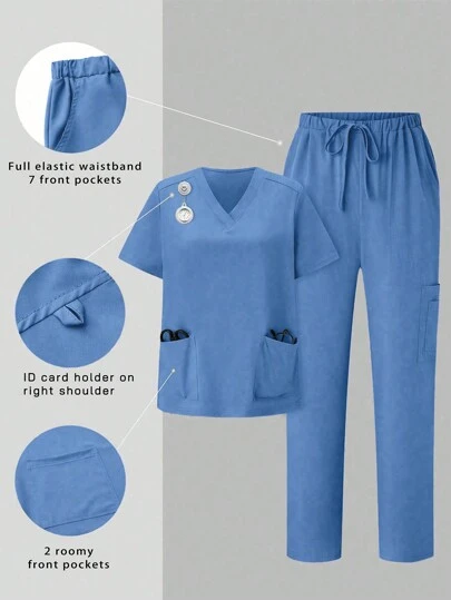 TaskEZ 简约夏季短袖制服套装，上衣和裤子有口袋设计，手术服套装