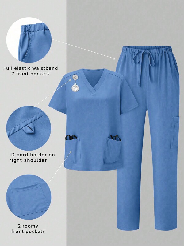 TaskEZ Set uniformă de vară cu mâneci scurte, cu design de buzunar deasupra și pantaloni, seturi de scrub