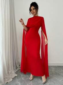 SHEIN PETITE Elegant & Charming Party Banquet Evening Dress, Ruched Oblique Shoulder Sheer Sash Dress, Long Sleeve, Side Slit, Knitted Stretchy Red Dress For Autumn/Winter Fall Cloth For Women