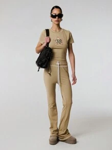TypaGal Contrast Stitch Drawstring Thick Waist Casual Flare - Khaki - View 3