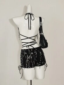SHEIN ICON Sequin Halter Backless Tie Strap Cami Tank Top And Low Waist Shorts Set - Black - View 2
