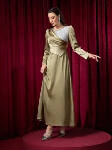 Modelyn 女士优雅圆领不对称拼接亮片 A 字连衣裙 - 棕色 - 查看 4
