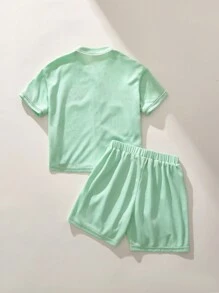 SHEIN Boys Green Loose Crew Neck White Stem Letter Print Sweatshirt & Loose Drawstring Shorts Sets, Sportswear Style, Spring - Green - View 2