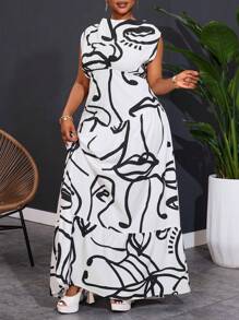 Slaydiva Plus Size Women Abstract Face Line Art Print Sleeveless Casual Dress - Multicolor - View 2