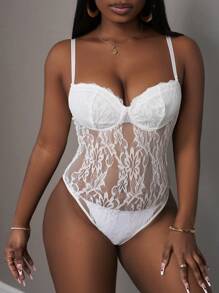 Slaydiva 2 件套夏季新款性感优雅细肩带蕾丝透视紧身衣 + 荷叶边领结短裤，海军蓝女士 - 白色 - 查看 7