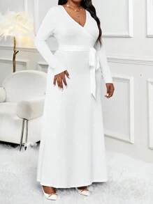 SHEIN Lady Váy dài tay dài cỡ lớn mùa xuân và mùa thu và mùa đông thanh lịch đi làm văn phòng màu trắng dệt kim cổ áo chồng lên nhau có thắt lưng dài - trắng - Xem 4