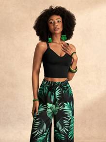 Zivah Black Fitted Spaghetti Strap Crop Top And Loose Wide Leg Pants/Baggy Pants/Flowy Pants/Palazzo 2-Piece Set - Casual Beach/Boho/Festival/Rave/Easter/Old Money/Country Concert/Going Out/Fairycore/Airport/Western/Tropical Vacation Outfits For Women - Multicolor - View 5