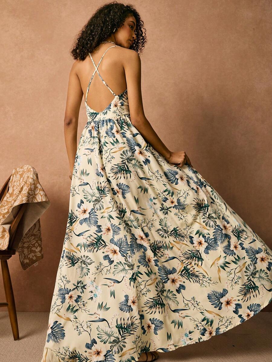 Poéselle Damen Allover Muster Träger mit Kreuzung am Rücken Rückenfreies Sommerkleid, Strandkleid lang, grünes Maxikleid, Vorder- und Rückseite V-Ausschnitt rückenfreies Boho Sommerkleid, Oversized Saum bodenlang Kleid