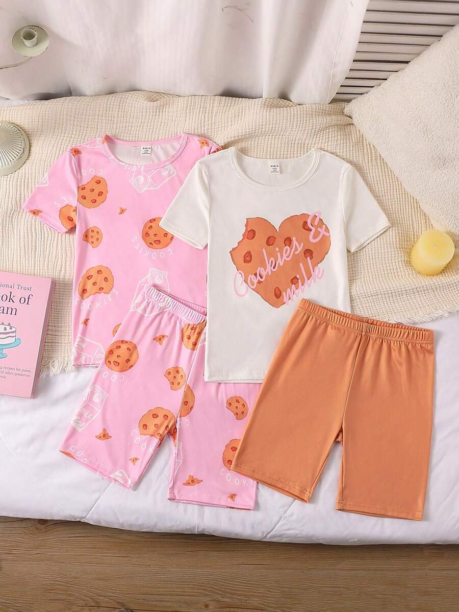 Conjunto de 4 piezas para niñas preadolescentes: camiseta de manga corta con estampado de galletas y pantalones cortos, ropa de dormir casual
