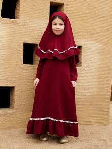 Young Girl Ruffle Trim Hooded Long Sleeve Middle East Style Dress - Burgundy - View 1