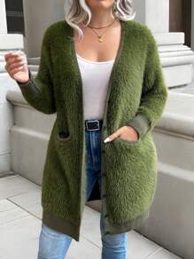 Calvaya Plus Size Women's Solid Color Simple Casual Fluffy Long Sleeve Cardigan - Army Green - View 4