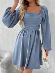 EMERY ROSE Women's Solid Color Ruffle Square Neck Lantern Sleeve Dress Fall Cloth For Women - Dusty Blue - View 3