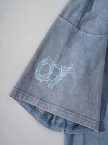 ROMWE MEN Street Life Men's Gothic Snow Washed Cotton Patchwork T-Shirt, Spring/Summer, Halloween - Dusty Blue - View 3