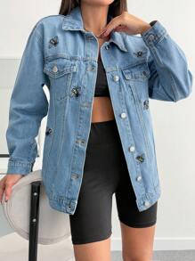 EURMUSE WOMEN DENIM EMBROIDERY BEE DETAIL JACKET - Light Wash - View 5