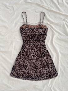 Soleia Leopard Print Mesh Slip Dress - Coffee Brown - View 2