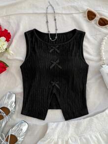 Soleia Women's Round Neck Casual Solid Color Bowknot Split Back Tank Top - Black - View 3