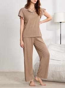 Lazeform Color Block Polo Collar Ruffled Short Sleeve & Pants Women Loungewear Set