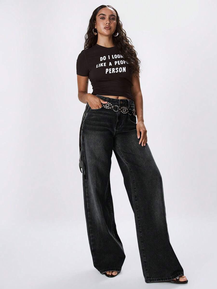 MUSERA 低腰宽松蜡面牛仔裤,春夏90年代Y2K风格,优雅休闲可爱,适合音乐会、冬季日常办公等各种场合,时尚百搭。 - 黑色 - 查看 1