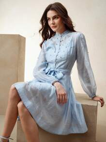 Anewsta 女式短款水钻装饰连衣裙，配腰带，翻领设计，蓝色，优雅百搭，春季 - 藍色 - 查看 1