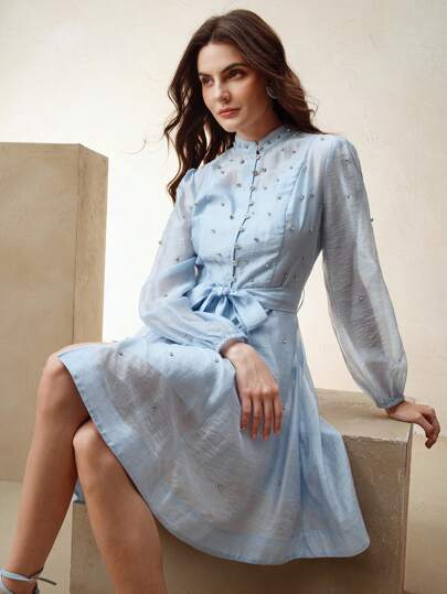 Anewsta 女式短款水钻装饰连衣裙，配腰带，翻领设计，蓝色，优雅百搭，春季