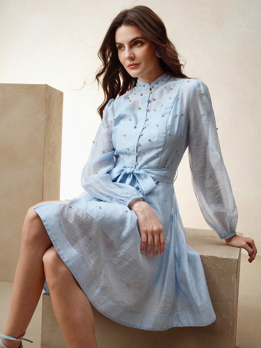 Anewsta 女式短款水钻装饰连衣裙，配腰带，翻领设计，蓝色，优雅百搭，春季 - 藍色 - 查看 1