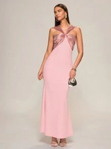 Glamine 新款女士粉色涂层面料拼接吊带露背无袖后拉链针织美人鱼修身四季长款连衣裙，优雅舞会礼服，约会之夜礼服，派对礼服，演唱会服装 - 粉色 - 查看 1