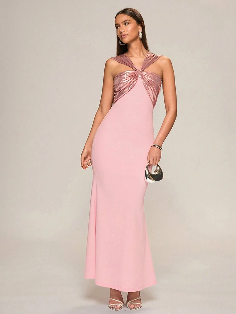 Glamine 新款女士粉色涂层面料拼接吊带露背无袖后拉链针织美人鱼修身四季长款连衣裙，优雅舞会礼服，约会之夜礼服，派对礼服，演唱会服装 - 粉色 - 查看 1