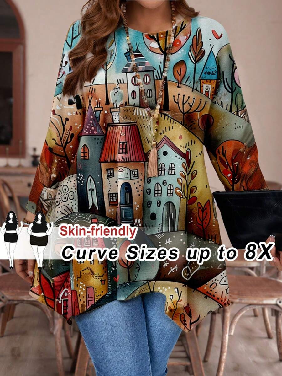 SHEIN CURVE+ Plus Size Casual Leaf Print Full Pattern Loose Fit Long Sleeve T-Shirt, Spring/Summer - Multicolor - View 1