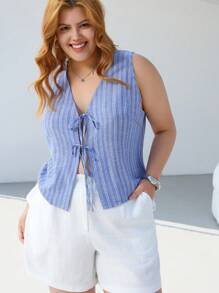 SHEIN EZwear Große Größen ärmelloses, gestreiftes Lässig-Hemd mit Vorder-Schleife, leicht für Frühling/Sommer