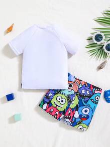SHEIN 2pcs/Set Baby Boy/Girl Casual Cartoon Monster Print Crew Neck Short Sleeve Top And Elastic Waist Shorts Set, Suitable For Spring/Summer Vacation, Beach, Swim - White - View 2