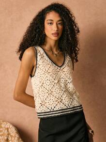 Poéselle 水钻镂空钩针无袖女式针织背心，V领上衣，春季女装，钩针上衣，波西米亚风格，女士西装，海滩度假 - 白色 - 查看 1