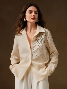 Anewsta Premium Commuting Elegant Pearl Decorated Women Shirt, Spring For Women - Apricot - View 3