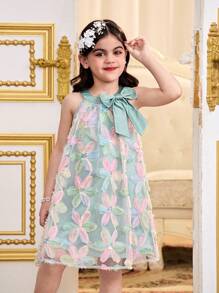 SHEIN Leap Crew Young Girl Solid Color Splice Mesh Floral 3D Round Neck Sleeveless Dress - Multicolor - View 2