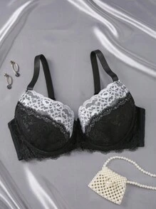 1 件女士加大码对比色蕾丝性感聚拢钢圈胸罩，浪漫设计内衣 - 彩色 - 查看 1