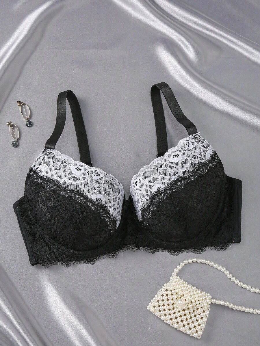 1 件女士加大码对比色蕾丝性感聚拢钢圈胸罩，浪漫设计内衣 - 彩色 - 查看 1