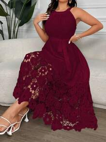 Vionelle 大码优雅纯色蕾丝拼布吊带连衣裙 - 酒紅色 - 查看 1