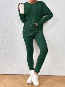 SHEIN Frenchy Drop Shoulder Ribbed Knit Tee & Leggings Textured Fabric Two Pieces Winter Green Casual Christmas Spring - Olive Green - View 5
